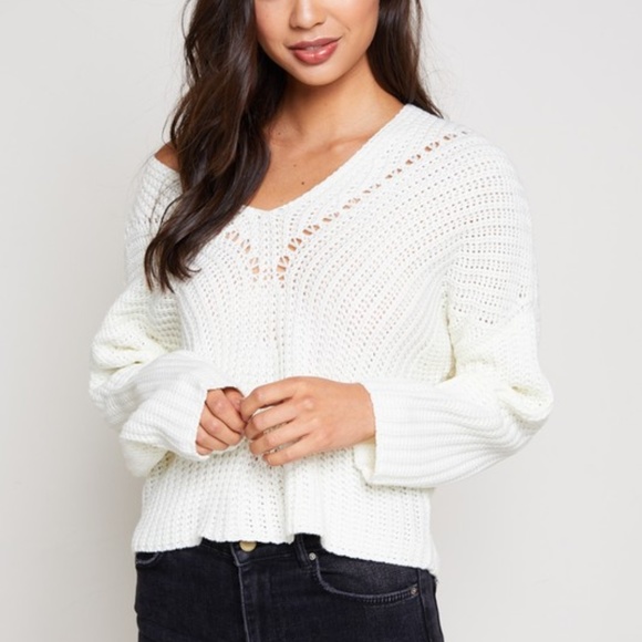 Small Ivory Lush V Neck Lace Up Back Long Sleeve Sweater - Picture 7 of 10